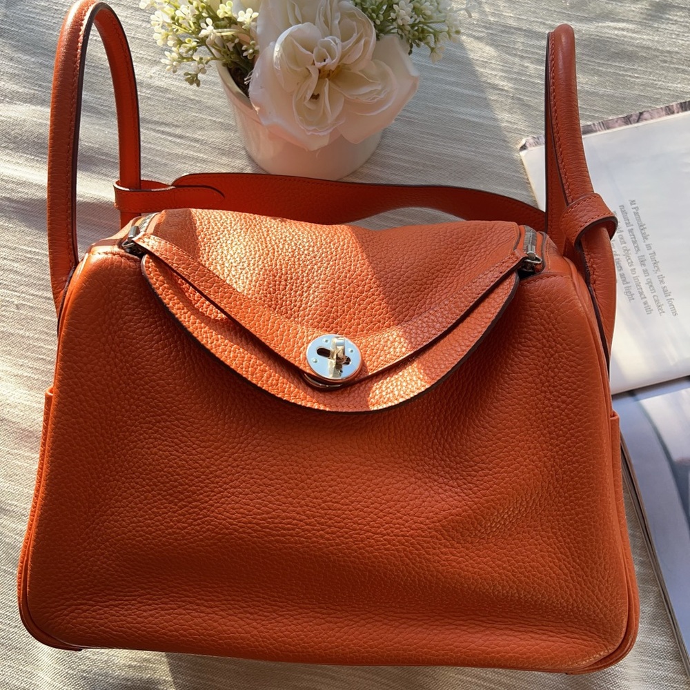 Hermes Orange Clemence Palladium Plated Lindy Bag 30